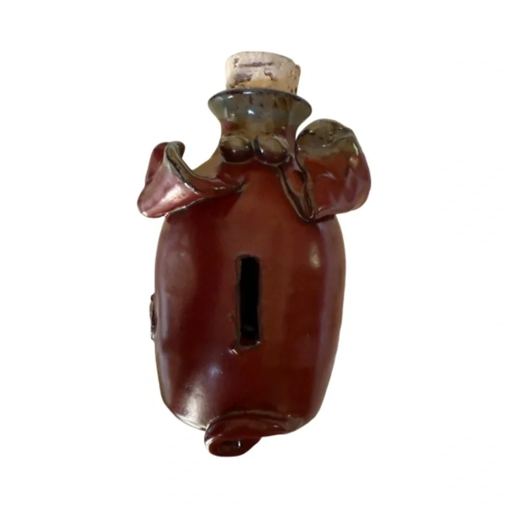 Vintage Artisan Pottery Rustic Brown Piggy Bank with Cork Stopper